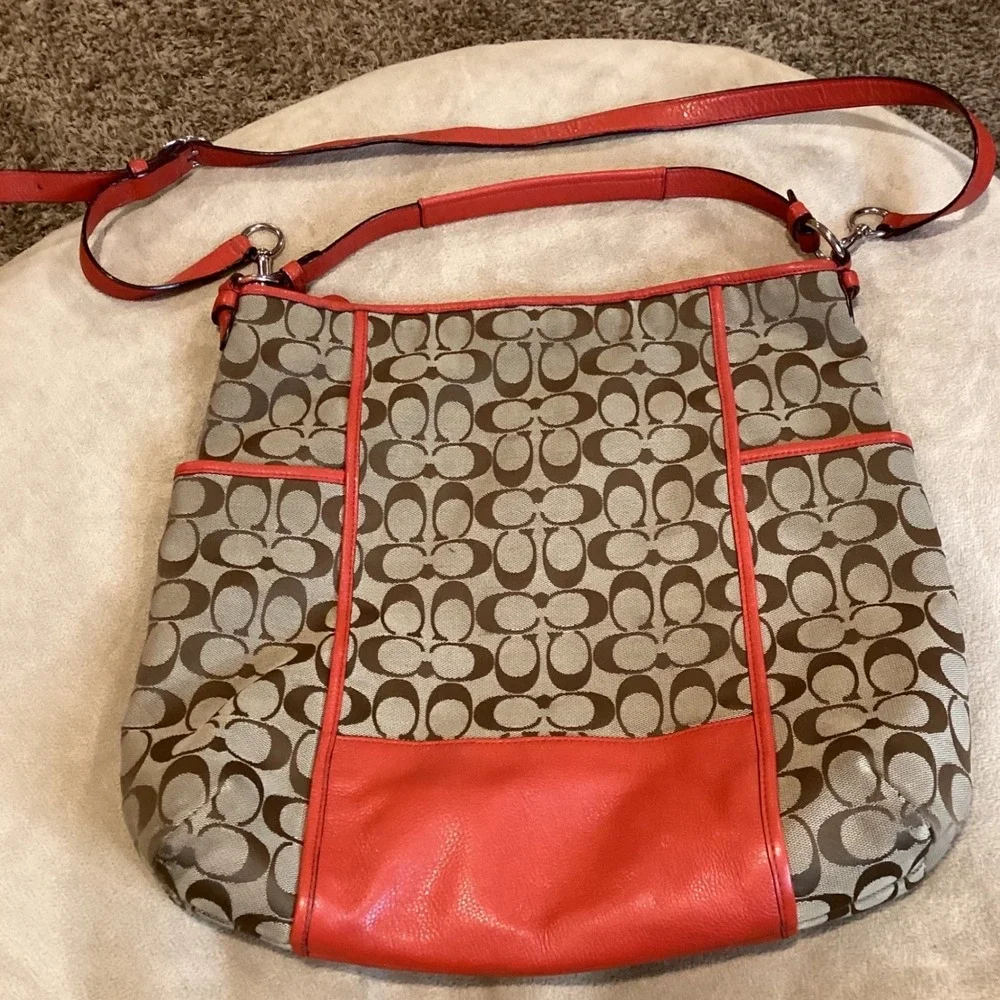 Coach Park Signature Hobo Shoulder Bag with Orange-Red Leather Trim - Picture 2 of 12